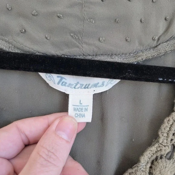 Womens L Peasant Babydoll Top Tunic Crochet Olive Green Cottage Boho Festival‎ - Picture 6 of 10